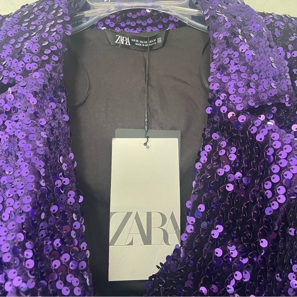 New ZARA Sequin Glitter Purple Ruched Blazer Mini Dress - Picture 6 of 7